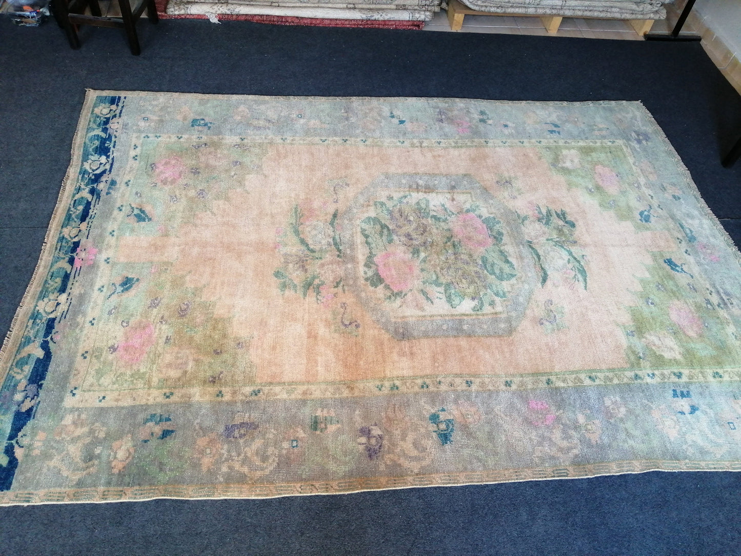 5.5 x 7.9 Floral OUSHAK RUG TURKISH Oushak Rug Vintage Hand Knotted Rug Muted Wool Rug Hand Made Rugs Vintage Faded Rug