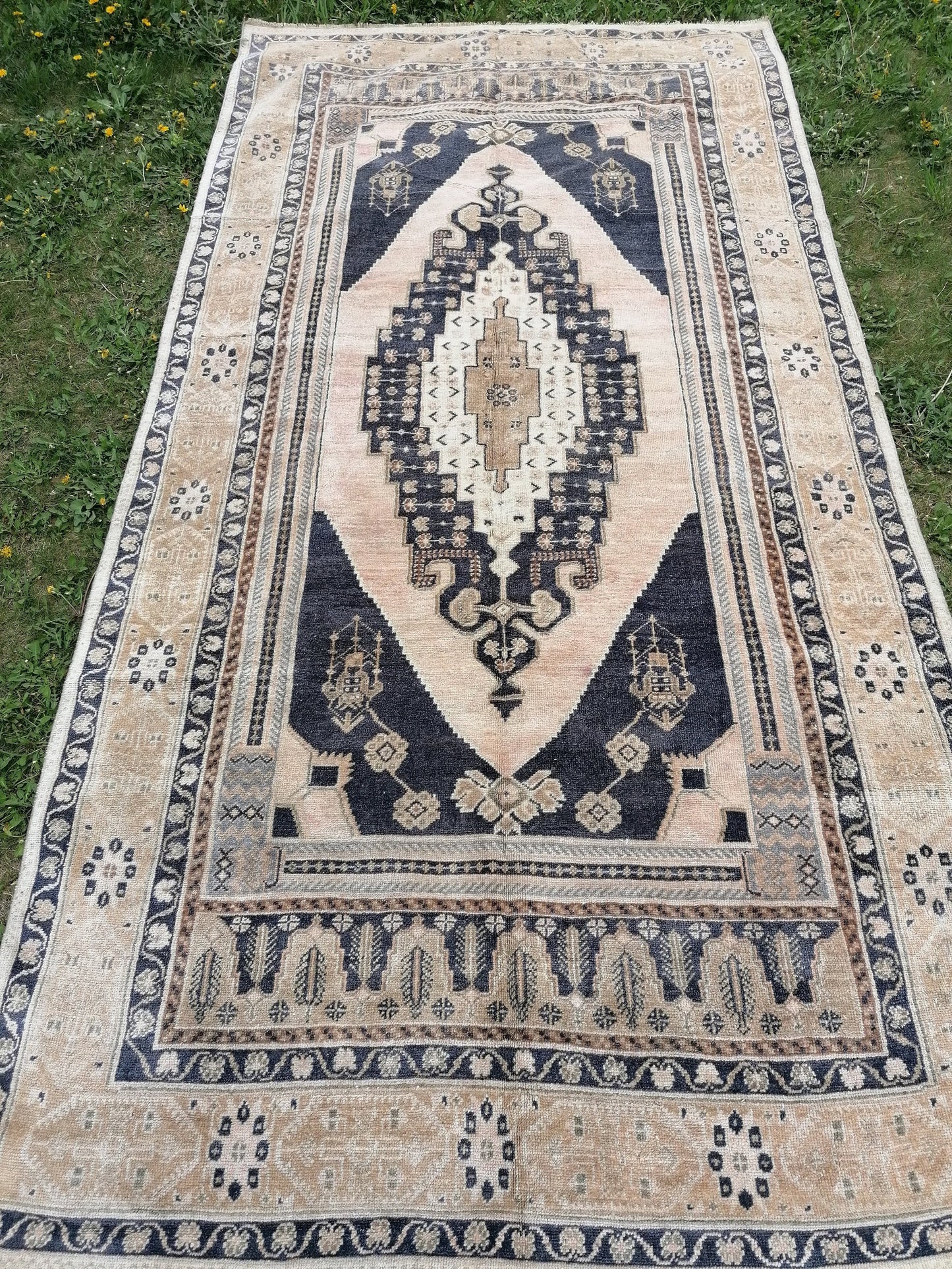Quality oushak rug, blue turkish rug 5'2x10 large vintage rug wool oushak rug hand made rug