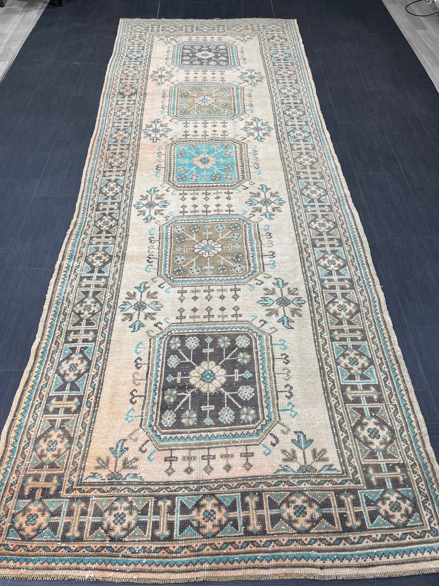Vintage Runner Rug 4.6 x 12.6 Muted TURKISH Muted Runner Rug Vintage Oushak Runner Rug Long Runner Rug Wool Oriental Runner Handmade Runner
