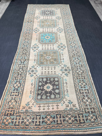 Vintage Runner Rug 4.6 x 12.6 Muted TURKISH Muted Runner Rug Vintage Oushak Runner Rug Long Runner Rug Wool Oriental Runner Handmade Runner