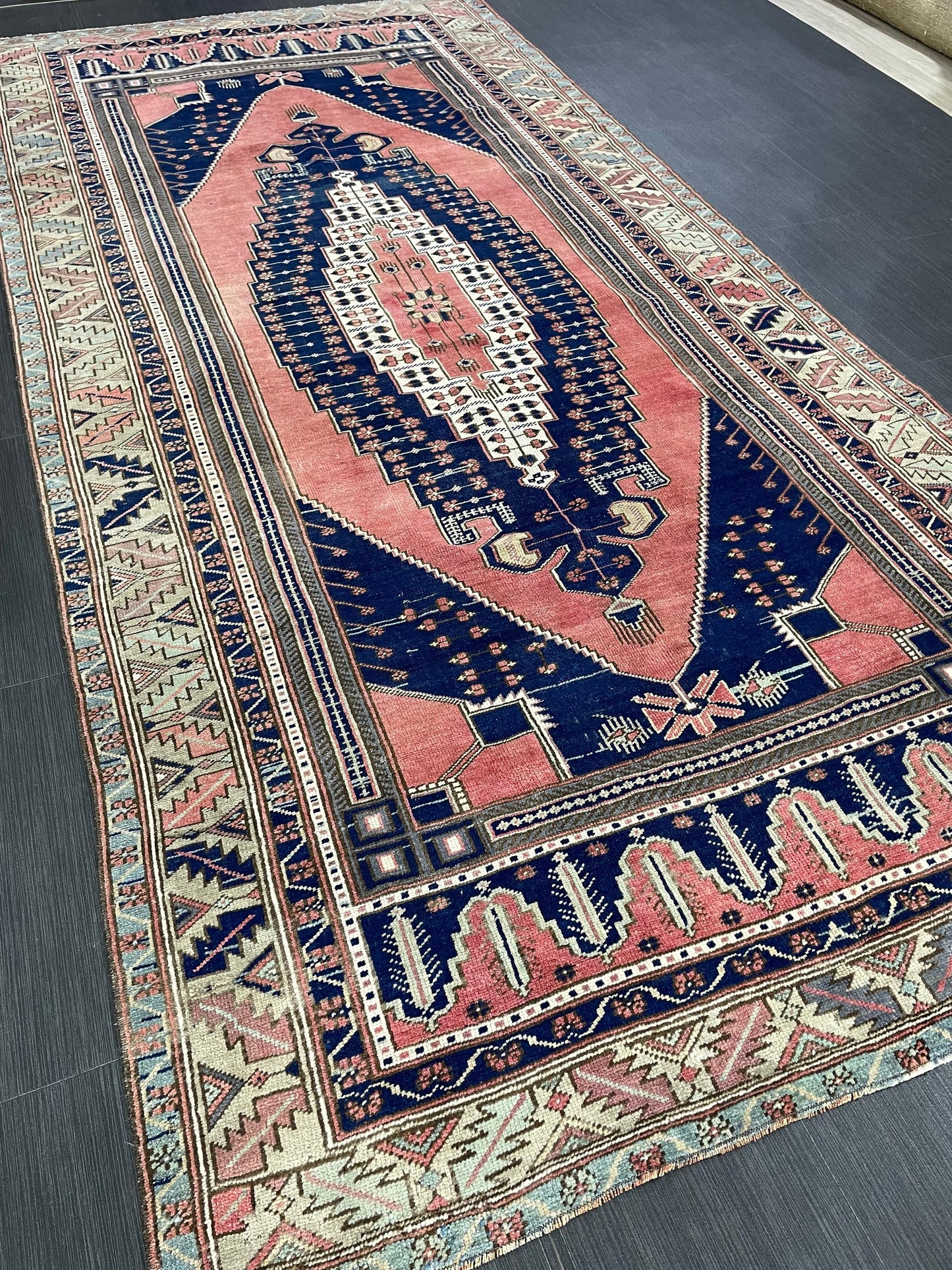 Wool OUSHAK RUG TURKISH 4.7 x 9.6 Rug Muted Pink and Navy Rug Vintage Oriental Rug Vintage Hand Made Rug Wool Vintage Oushak Rug 5x10