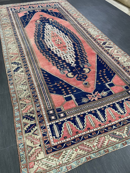 Wool OUSHAK RUG TURKISH 4.7 x 9.6 Rug Muted Pink and Navy Rug Vintage Oriental Rug Vintage Hand Made Rug Wool Vintage Oushak Rug 5x10