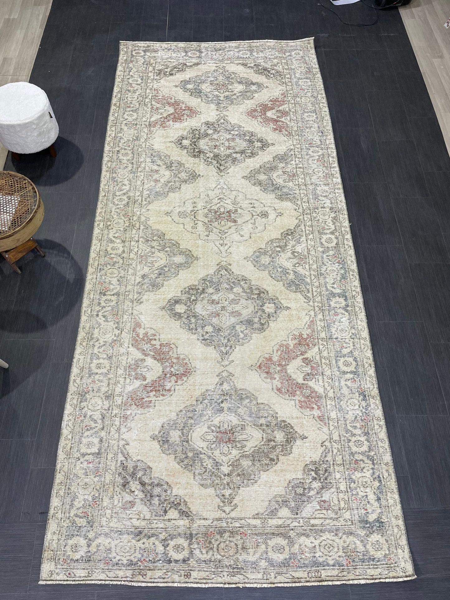 Vintage Runner 4.9 x 12.7 Rug, Turkish Runner Rug, Faded Distressed Runner Rug,Hallway Runner Rug Neutral Kitchen Runner Rug