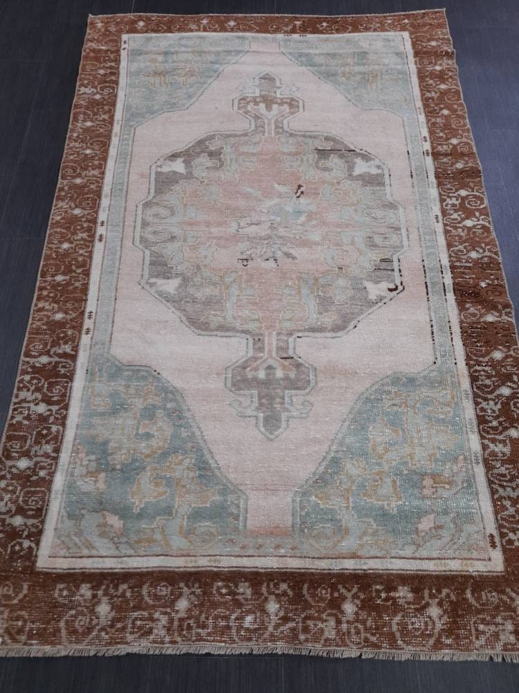 Wool Oushak Rug Vintage 4 x 6.4 Rug Muted Vintage Runner Rug Wool Oriental Rug Hand Made Rugs Vintage Turkish Rug Muted Persian Wool Rug