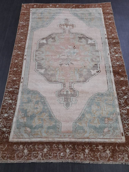 Wool Oushak Rug Vintage 4 x 6.4 Rug Muted Vintage Runner Rug Wool Oriental Rug Hand Made Rugs Vintage Turkish Rug Muted Persian Wool Rug