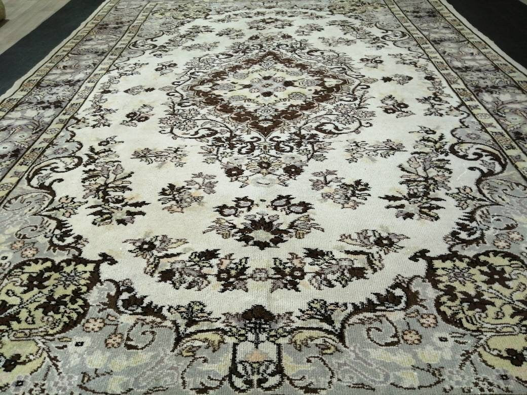 Vintage Oriental RUG TURKISH Rug Muted Vintage 7 x 10.4 Persian Rug Vintage Wool Neutral Oushak Rug Hand Made Rugs Vintage 7x10 Turkish Rug