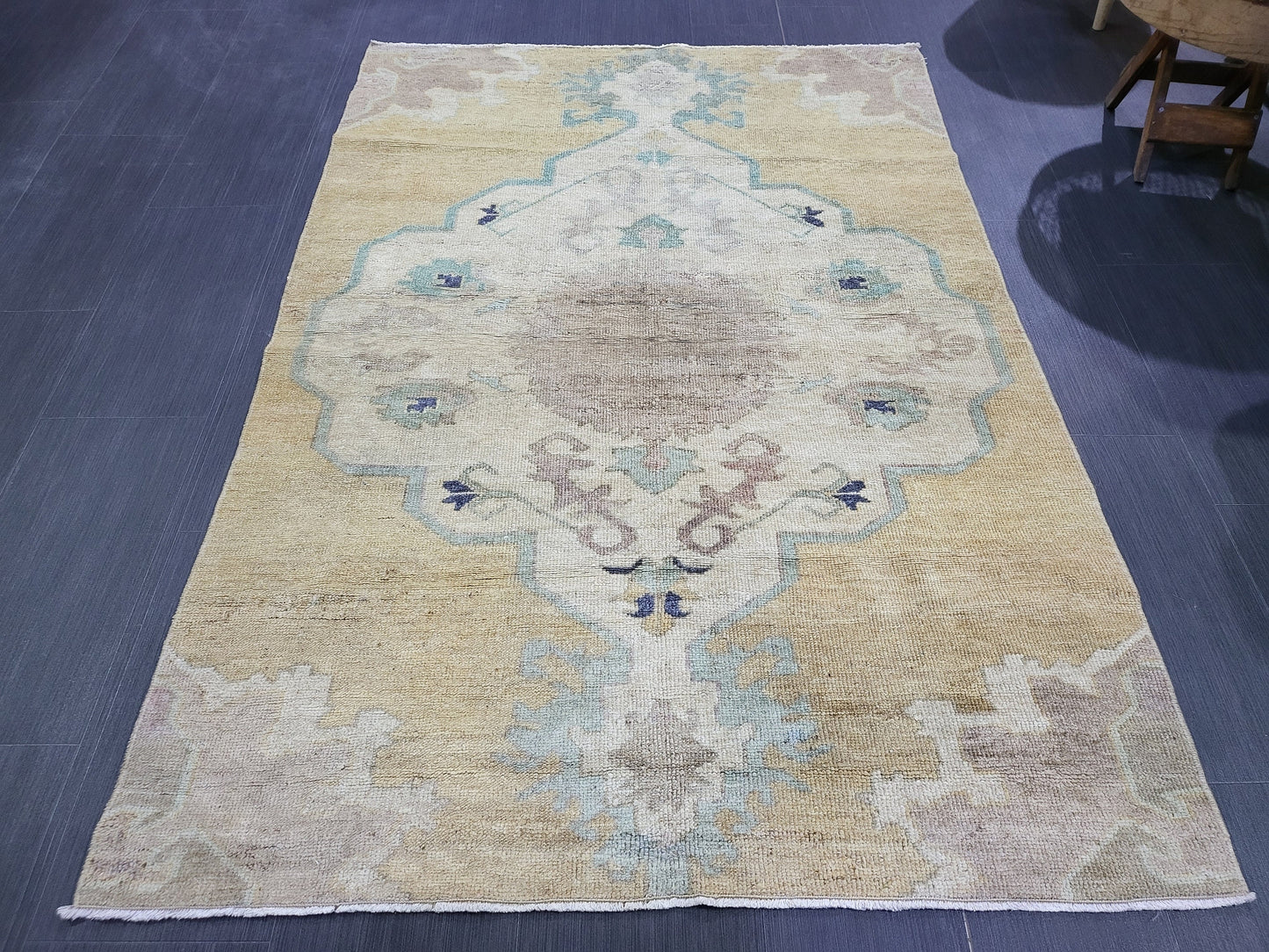 Turkish Rug, Oushak Rug, Wool 4 x 5.8 Oriental Rug, Blue Oushak Vintage Persian Rug, Handmade Rug