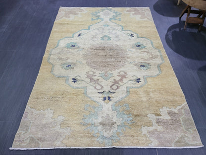 Turkish Rug, Oushak Rug, Wool 4 x 5.8 Oriental Rug, Blue Oushak Vintage Persian Rug, Handmade Rug