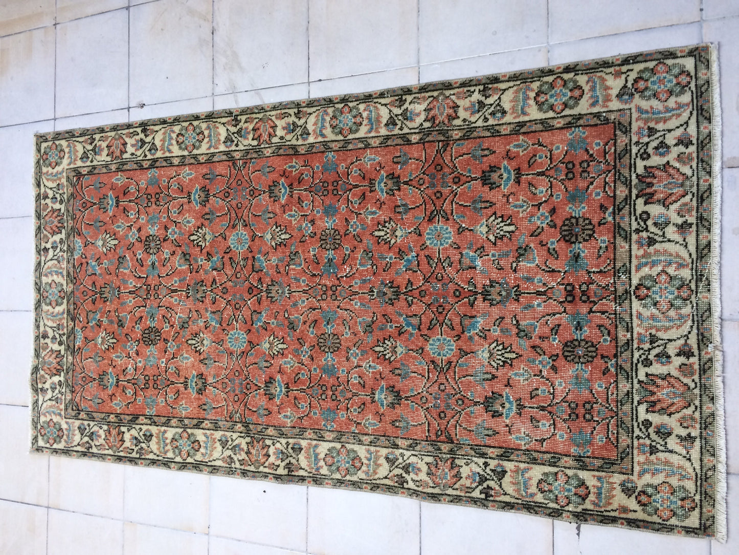 3.5 x 7 Rug Turkish Rug Eclectic Rug Shabby Chic Rug, Rustic Rug,Floral Boho Rug, Rug Runner,  Farmhouse Rug, Vintage Rug, Orange Rug