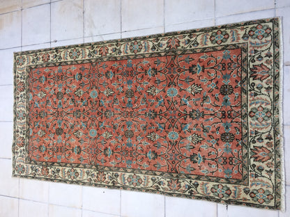 3.5 x 7 Rug Turkish Rug Eclectic Rug Shabby Chic Rug, Rustic Rug,Floral Boho Rug, Rug Runner,  Farmhouse Rug, Vintage Rug, Orange Rug