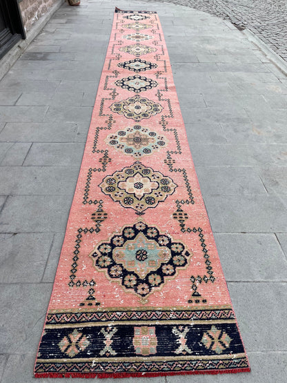 Handmade Extra Long Turkish Runner Very Long Oushak Runner Rug 2.6 x 20.4 Vintage Runner Rug Pink XL Oriental Runner Rug Staircase Runner