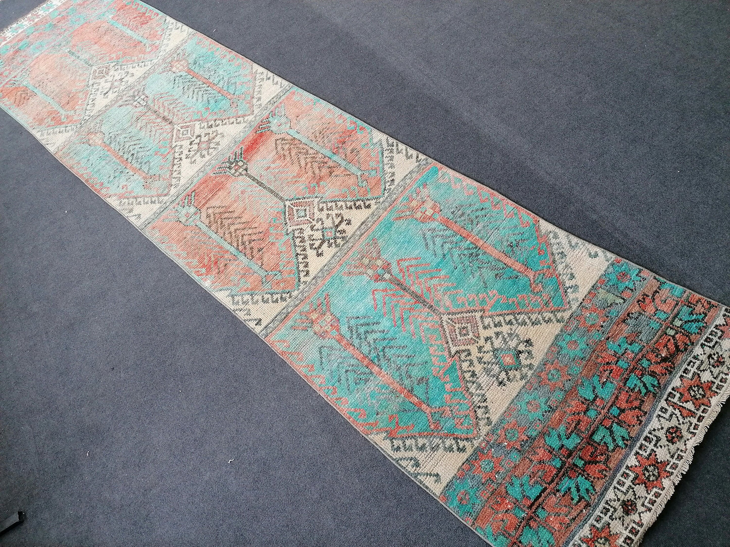 12'x2'11 vintage blue runner rug, vintage hallway runner, vintage kitchen runner rug, vintage anatolian rug