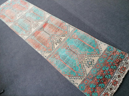 12'x2'11 vintage blue runner rug, vintage hallway runner, vintage kitchen runner rug, vintage anatolian rug
