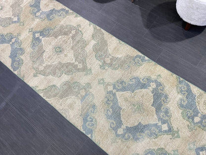 Muted Vintage Runner 2.6 x 12.6 Rug, Persian Runner Rug, Wool Oushak Runner Rug, Turkish Runner Rug, Kitchen Runner Rug, Hallway Runner rug