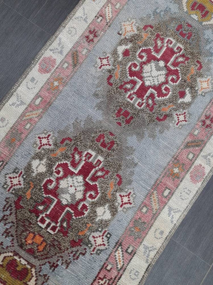 Vintage Oushak Runner Rug 2.6 x 10 Turkish Runner Rug Vintage Oriental Muted Runner Rug Runner Rug Soft Wool Runner Blue Vintage Runner Rug