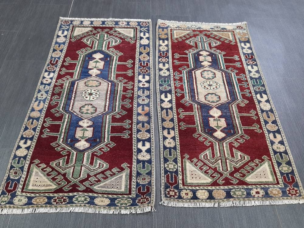 Pair Of Small Rug Turkish Rug Mini Rug Twin Small Area Rug 2x4  Turkish Rug Oushak Rug Persian Hand Made Rug Matching Oriental Vintage Rug