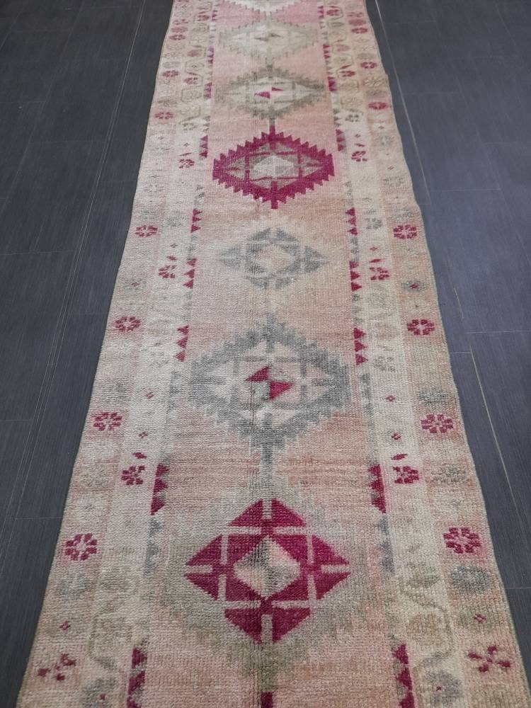 Muted Vintage Runner Rug Vintage Oushak Runner Rug 2.6 x 12.4 Hallway Runner Rug Turkish Kitchen Runner Rug Antique Wool Oriental Runner Rug