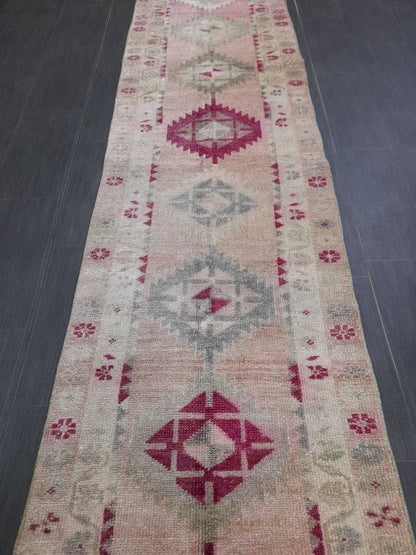Muted Vintage Runner Rug Vintage Oushak Runner Rug 2.6 x 12.4 Hallway Runner Rug Turkish Kitchen Runner Rug Antique Wool Oriental Runner Rug