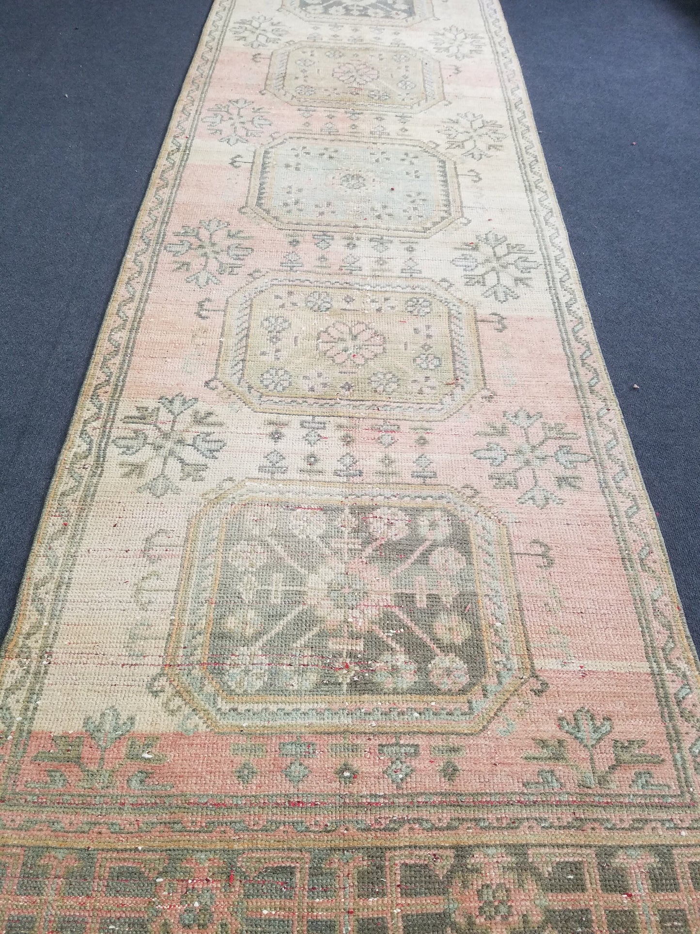 11'x3'2 oushak turkish runner rug, vintage runner rug, vintage oushak runner, vintage anatolian  runnerrug,unique hand made rug,kitchen rug