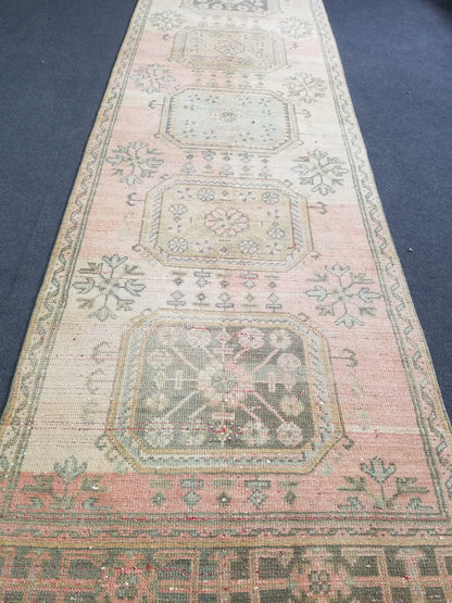 11'x3'2 oushak turkish runner rug, vintage runner rug, vintage oushak runner, vintage anatolian  runnerrug,unique hand made rug,kitchen rug