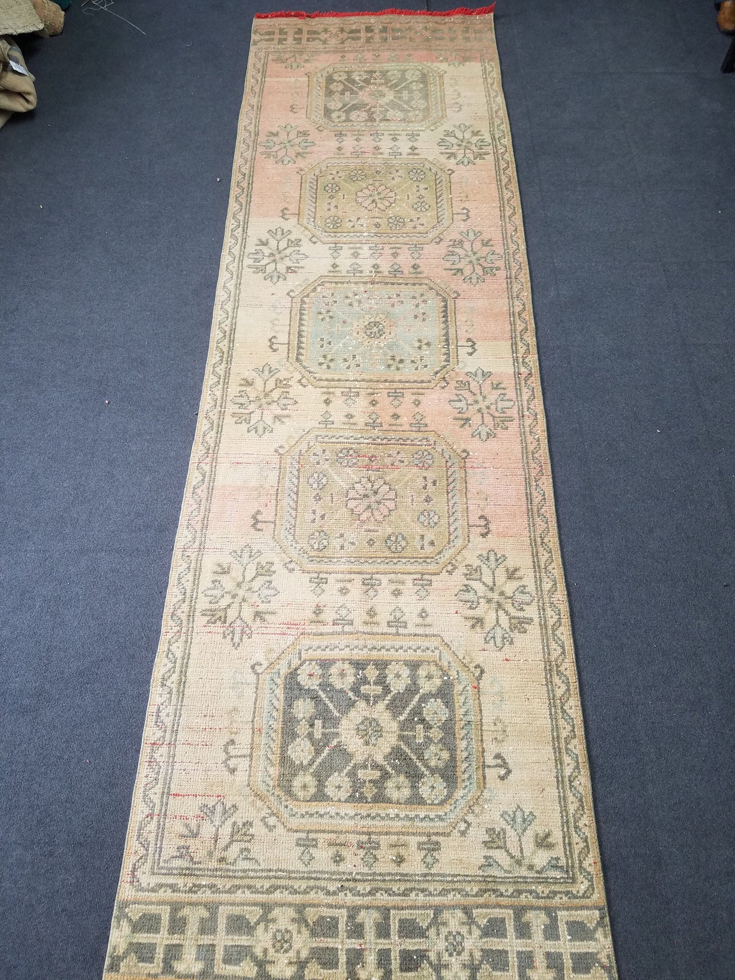 11'x3'2 oushak turkish runner rug, vintage runner rug, vintage oushak runner, vintage anatolian  runnerrug,unique hand made rug,kitchen rug