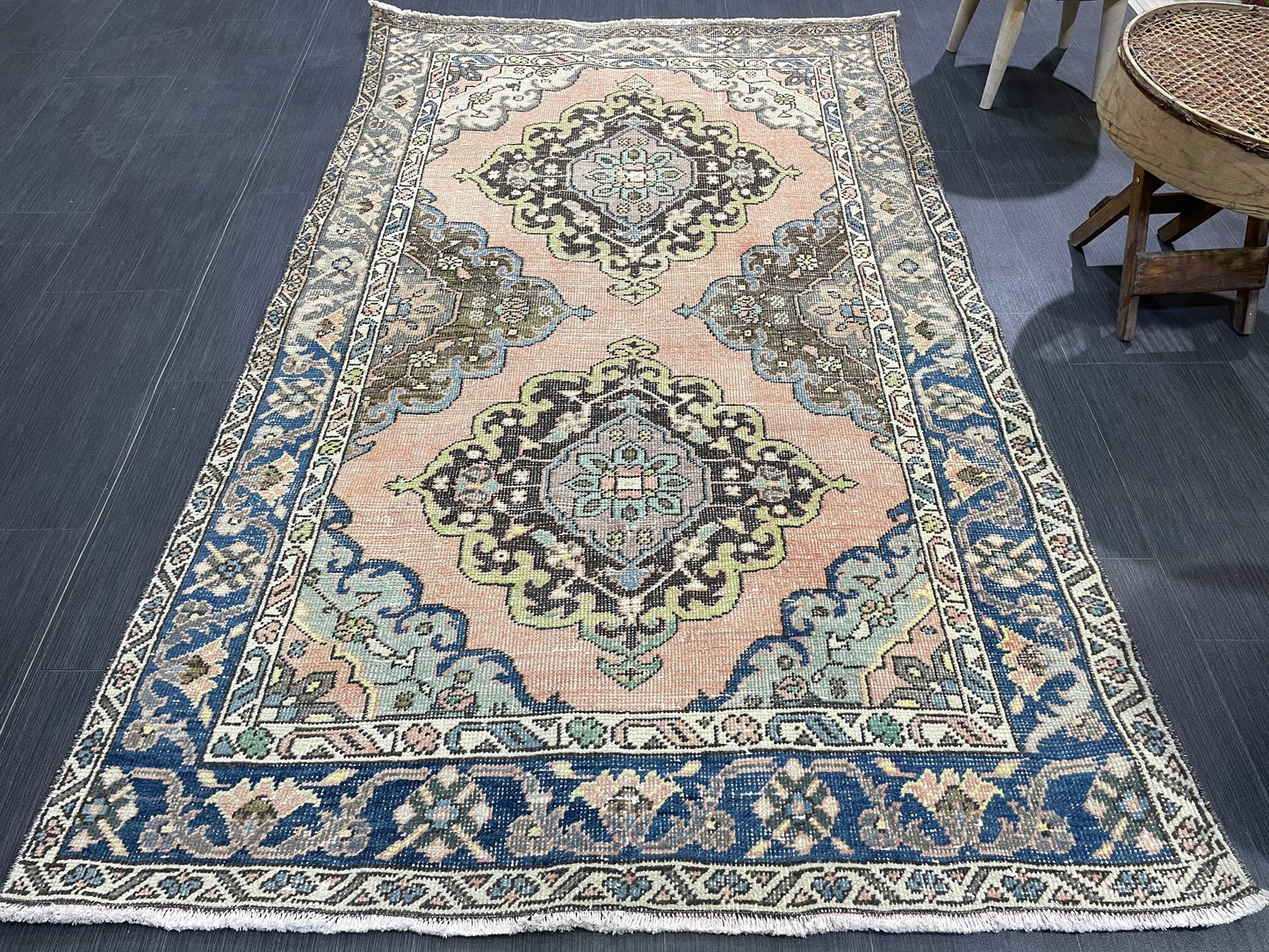 Vintage Rug, Persian 4 x 6.7 Rug, Navy Hand Knotted Rug, HANDMADE Rug, Vintage Turkish Rug, Oushak Rug, Oriental Rug, Wool Rug