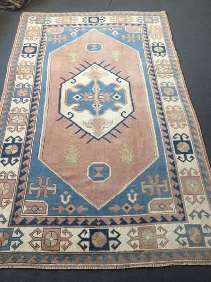 5x8 feet pink muted turkish wool large carpet, handmade vintage wide carpet, oushak bedroom rug, kitchen floor blue rug, laundry etnique rug