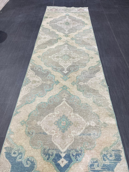 Muted  Handmade Runner Rug, Turkish Runner 2.7 x 13 Rug, Vintage Runner Rug Hallway Runner Rug, Hand Knotted Runner Rug, Persian Runner