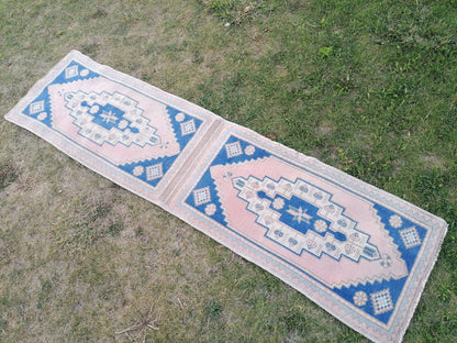 Blue pillow runner rug 1'10x7 hallway vintage rug, entryway hand made rug, kitchen runner