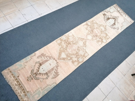11'5x2'7 muted soft colors runner rug, faded vintage runner, turkish runner  rug, oushak vintage runner, kitchen runner rug, hallway runner