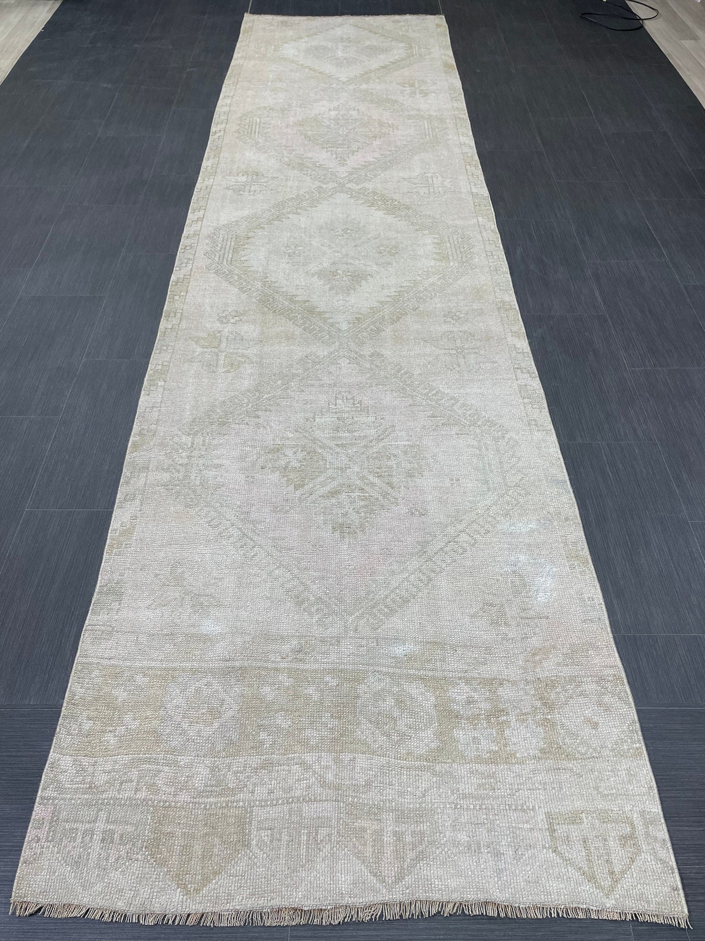 Muted Oushak Runner 3.2 x 12.5 Rug Turkish Runner Rug Vintage Runner Rug Hallway Runner Rug Kitchen Runner Rug Wool Runner Rug