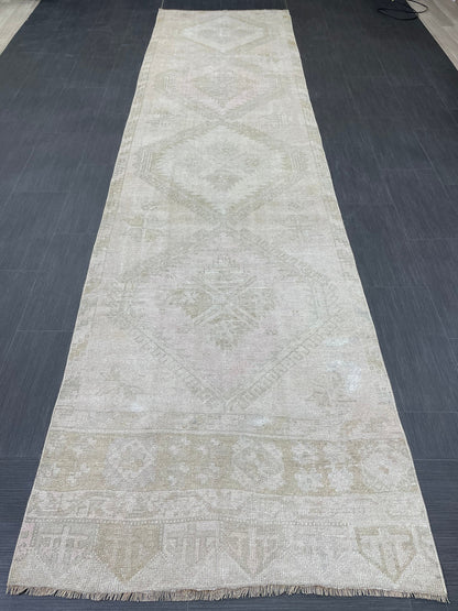 Muted Oushak Runner 3.2 x 12.5 Rug Turkish Runner Rug Vintage Runner Rug Hallway Runner Rug Kitchen Runner Rug Wool Runner Rug