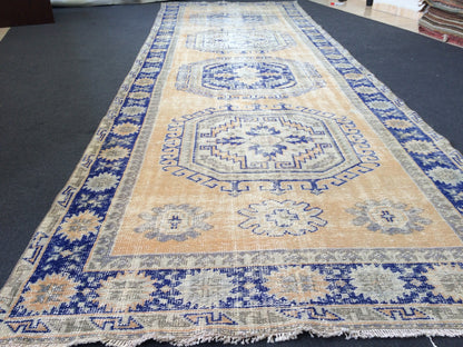 13.3 x 4.6 Oushak Runner Rug Turkish Runner Rug Vintage Runner Rug Hallway Runner Rug Kitchen Runner Rug Wool Runner Rug Wool blue dyes