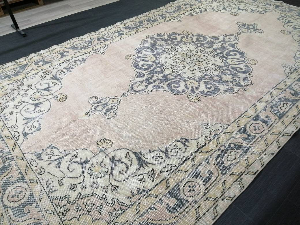 Antique OUSHAK RUG 6.5 x 11.3 Distressed TURKISH  Rug Muted Vintage Rug ,Vintage  Rug Wool Oushak Rug Hand Made Rugs Vintage Muted Rug