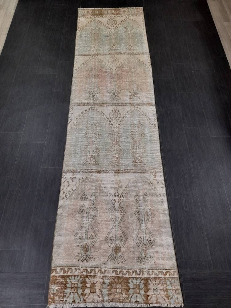 Muted Vintage Runner Rug 3.2 x 12.3 Hand Made Runner Rug Turkish Runner Rug Pink Vintage Runner Rug Hallway Runner Rug Distressed Runner Rug