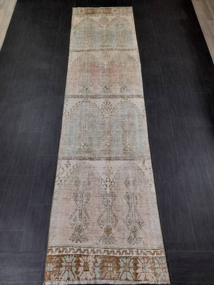 Muted Vintage Runner Rug 3.2 x 12.3 Hand Made Runner Rug Turkish Runner Rug Pink Vintage Runner Rug Hallway Runner Rug Distressed Runner Rug
