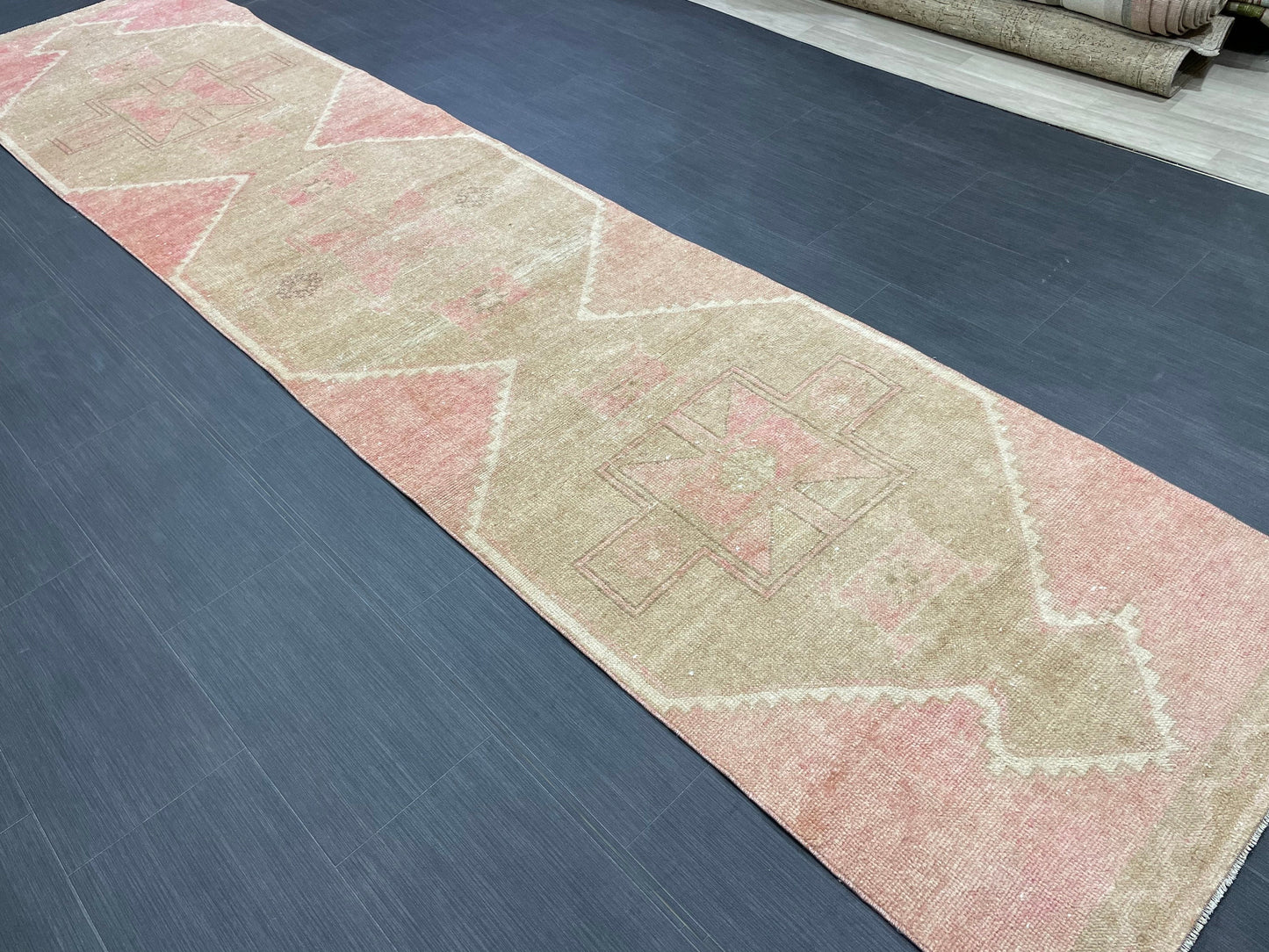 Muted Vintage Runner Rug 2.7 x 12.6 Hand Made Runner Rug Turkish Runner Rug Pink Vintage Runner Rug Hallway Runner Rug Wool Kitchen Runner