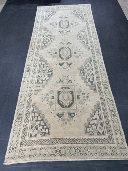 Muted Handmade Rug TURKISH Vintage 4.2 x 11 Rug Vintage Oriental Rug Vintage Rug Wool Hand Knotted 4x11 Rug OUSHAK Rugs Vintage Turkish Rug