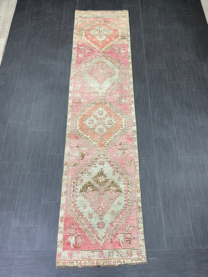 Vintage Runner Rug 2.6 x 11 Muted Turkish Runner Rug Muted Oushak Runner Rug Hallway Runner Kitchen Runner Rug Wool Runner Star Rug