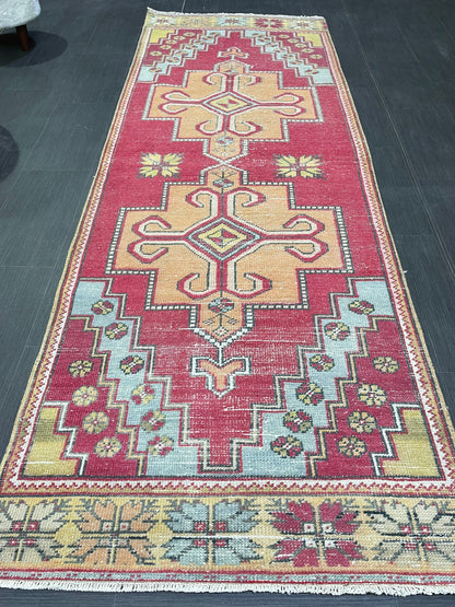 Turkish Runner Rug, Vintage Runner 3.4 x 9.3 Rug, Hallway Runner Rug, Kitchen Runner Rug, Persian Runner, Handmade Rug
