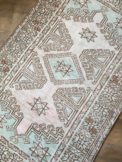 3x5 feet handmade antique persian motif rug, wool medium blue muted turkish living room rug, bohemian style kitchen floor rug, vintage rug