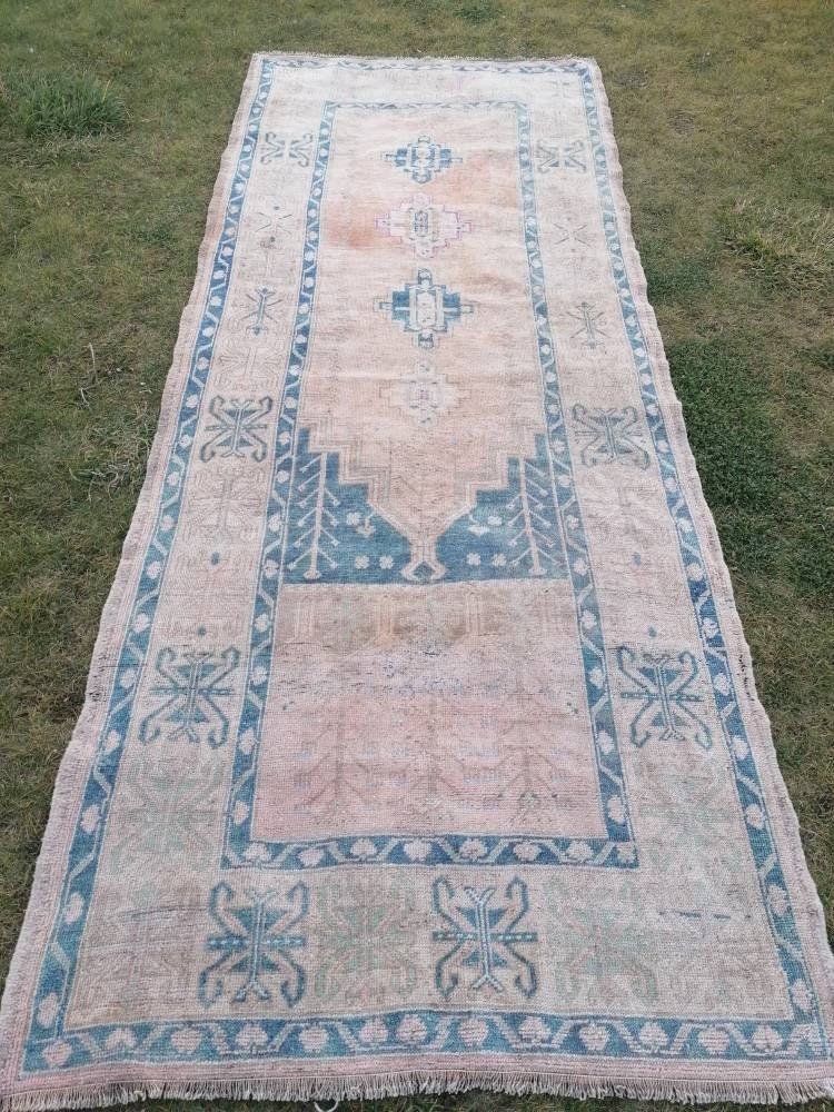 4'6x12 vintage turkish runner rug, oushak vintage rug, handmade hallway runner, kitchen wool runner