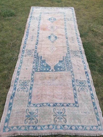 4'6x12 vintage turkish runner rug, oushak vintage rug, handmade hallway runner, kitchen wool runner
