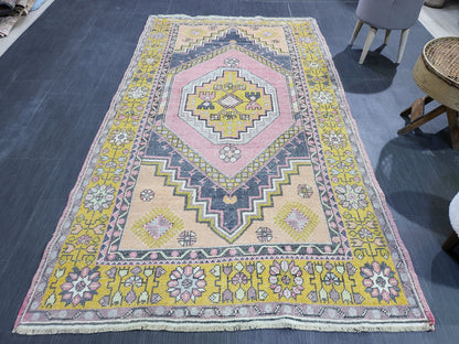 Vintage Rug,  TURKISH 4.2 x 7.4 HANDMADE Rug, Vintage Turkish Rug, Oushak Rug, Turkish Oushak Rug, Vintage Handknotted Rug, Wool Rug