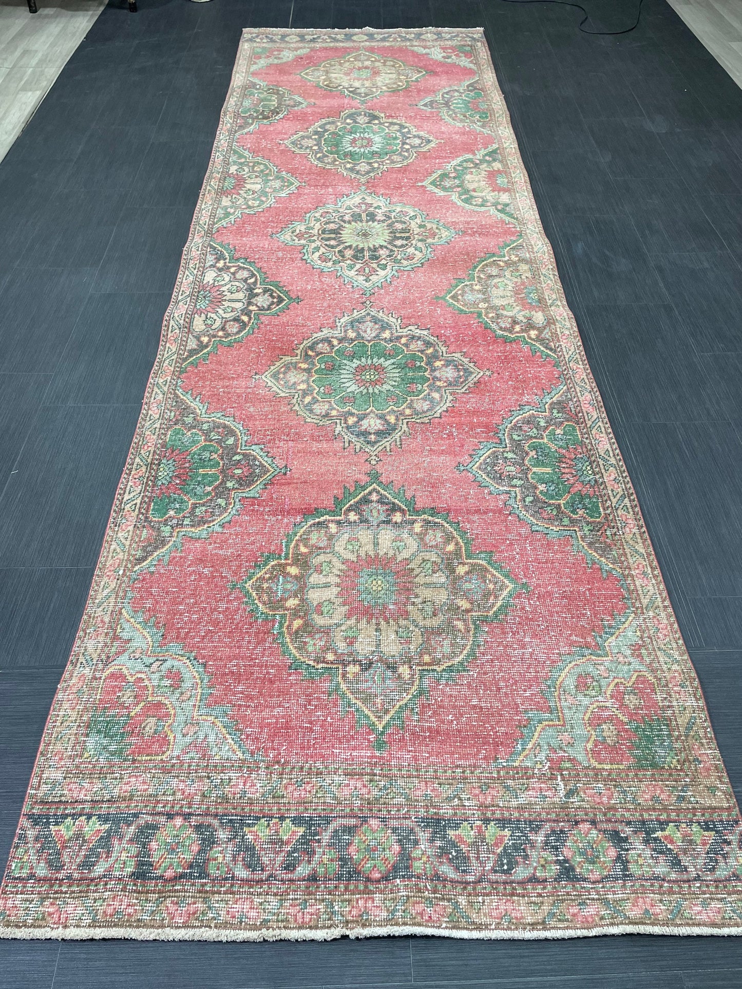 Vintage Runner Rug 3.7 x 12.6 Muted Turkish Runner Rug Hand Made Runner Rug Vintage Runner Rug Hallway Runner Rug Distressed Runner