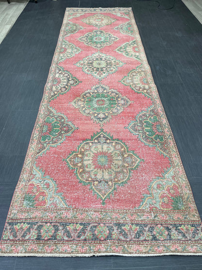 Vintage Runner Rug 3.7 x 12.6 Muted Turkish Runner Rug Hand Made Runner Rug Vintage Runner Rug Hallway Runner Rug Distressed Runner