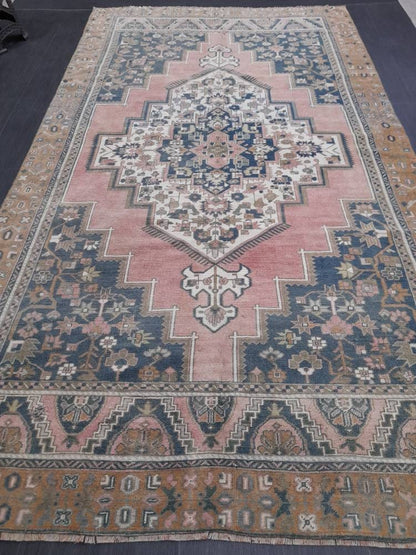 Blue and Pink OUSHAK RUG 6 x 11 TURKISH Rug Vintage Oriental Rug Vintage Persian Rug Wool Oushak Rug Hand Made Rug Vintage Turkish Rug
