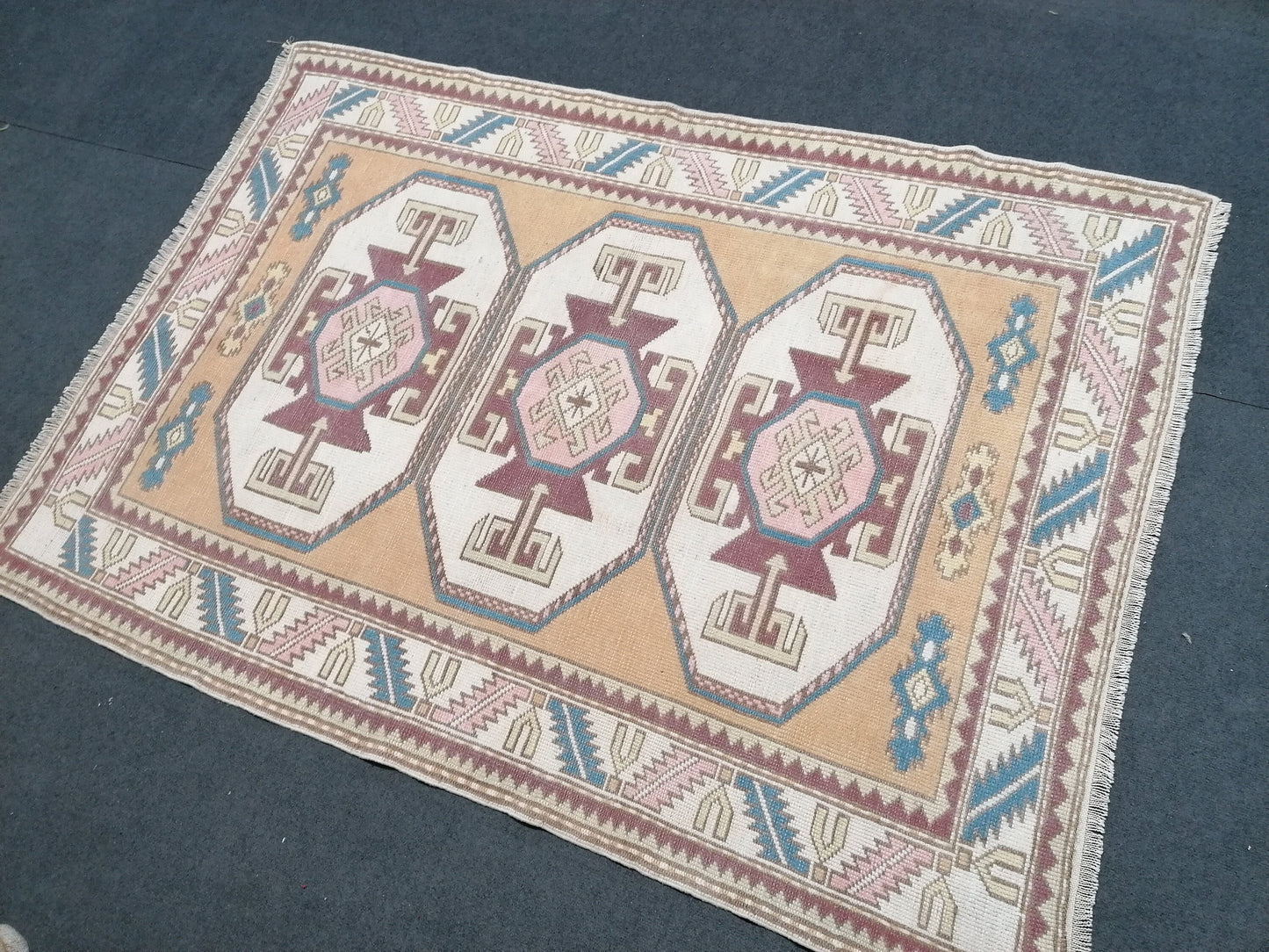 4.3x6 vintage wool rug, oushak rug, living room rug, unique hand made rug, bohemian rug