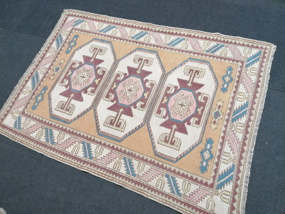 4.3x6 vintage wool rug, oushak rug, living room rug, unique hand made rug, bohemian rug