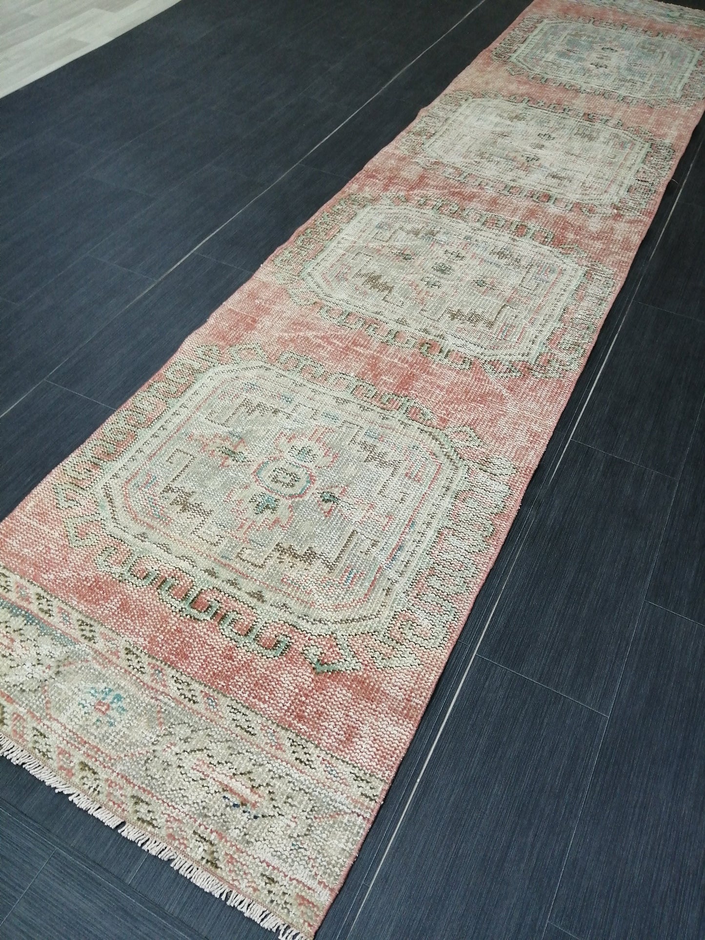 2.4 x 10.9 Distressed Oushak Runner Rug Turkish Runner Rug Vintage Runner Rug Hallway Runner Rug Kitchen Runner Rug Wool Runner Rug Wool